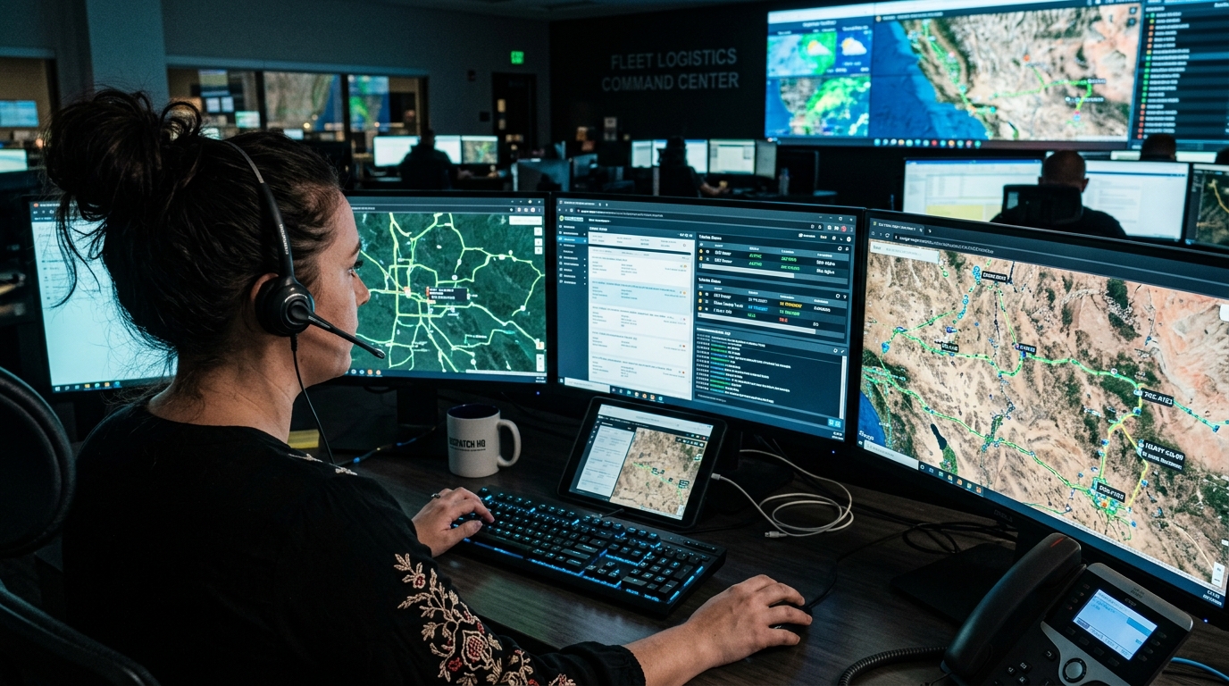 Field service management software interface tracking truck GPS location and job completion milestones