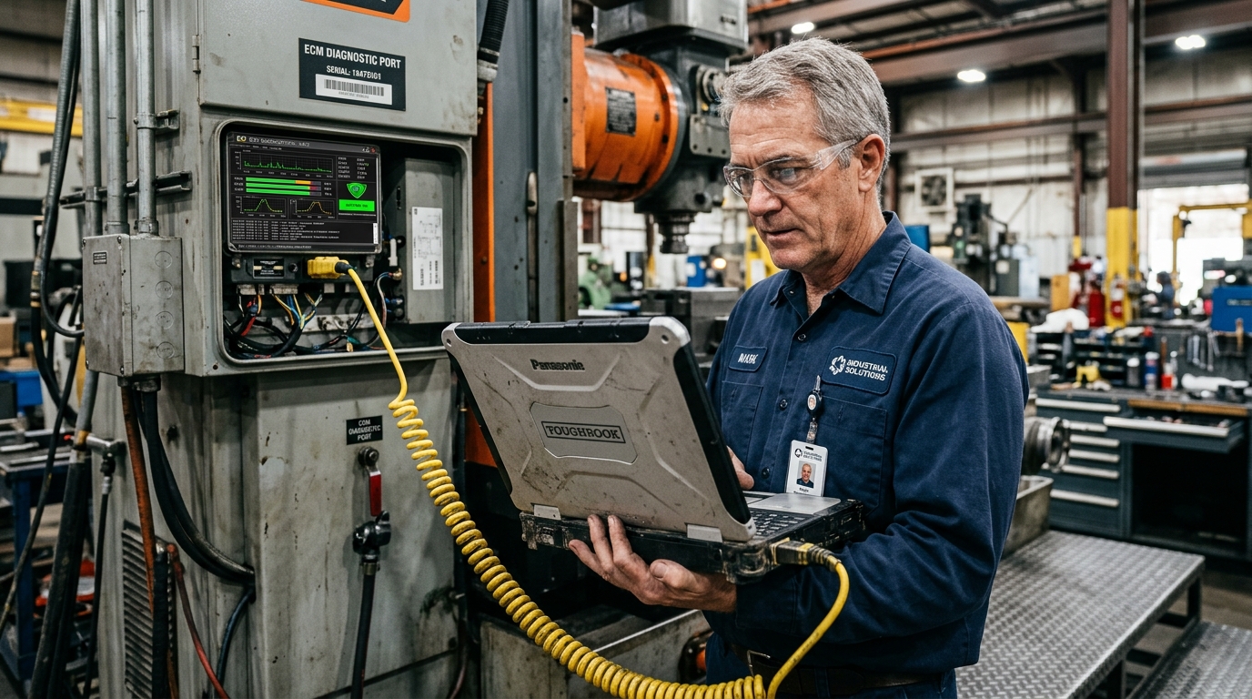 Field diagnostic specialist connecting ruggedized electronic laptop to heavy machine electronic control module
