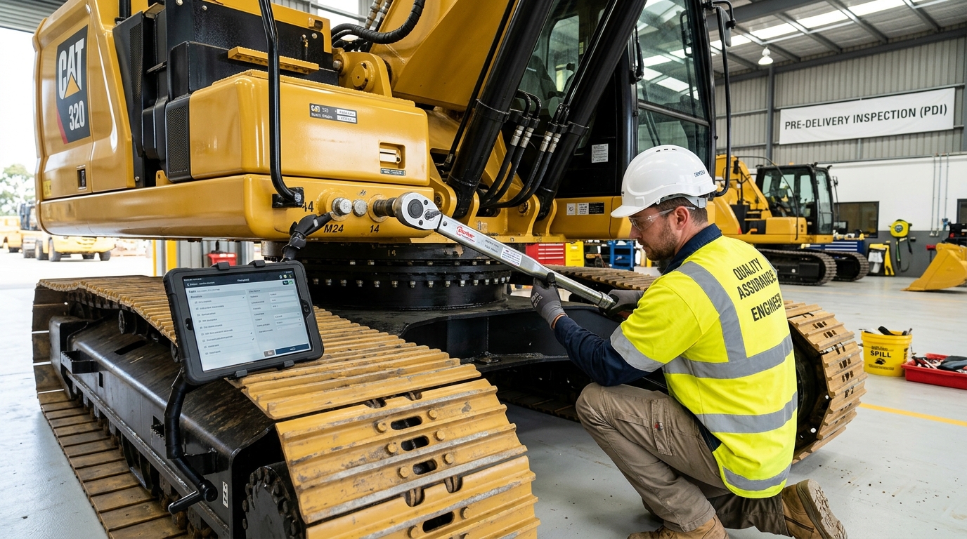 Senior field engineer conducting 120-point Pre-Delivery Inspection and fluid verification on paver