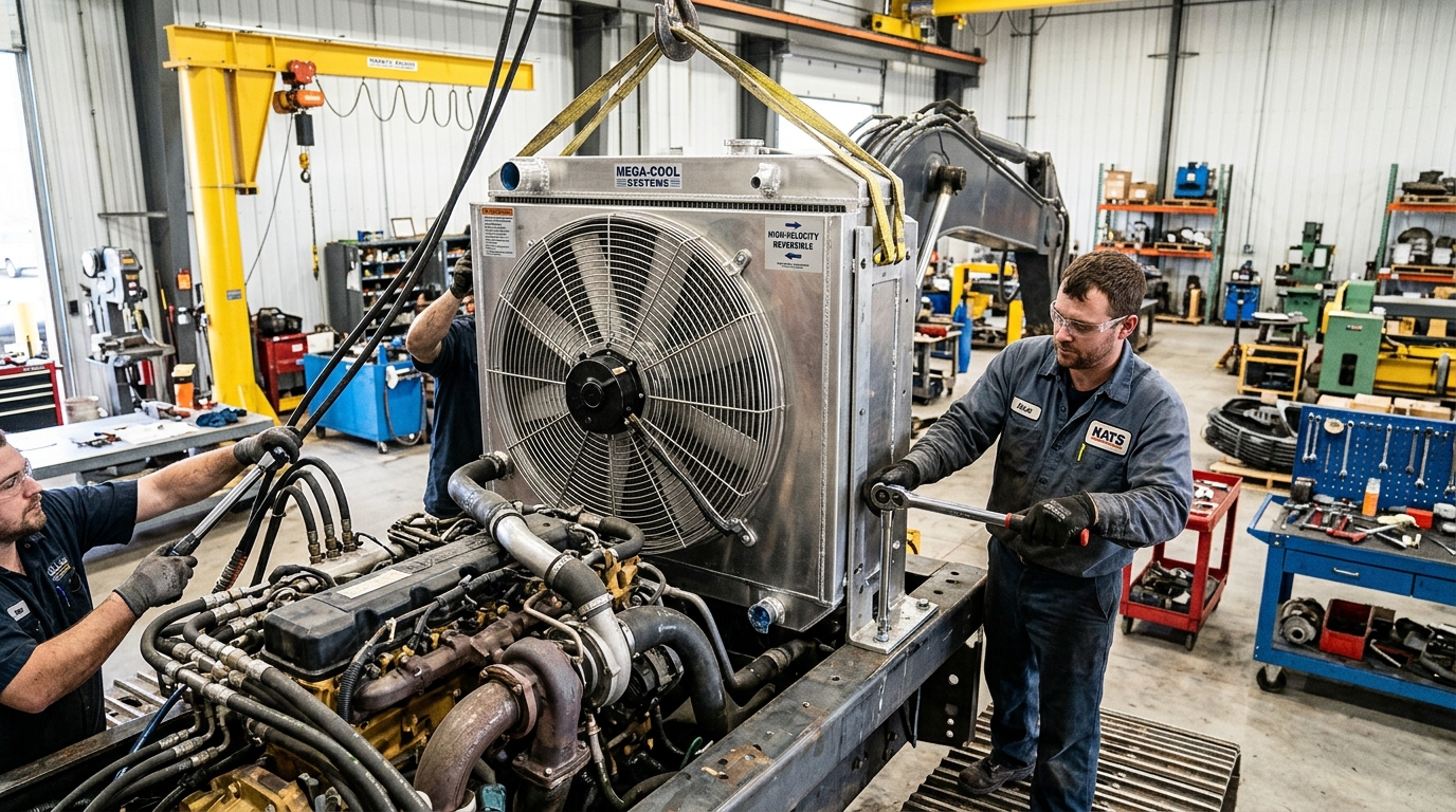 Technicians installing high-capacity aluminum cooling radiator core and reversible fan assembly