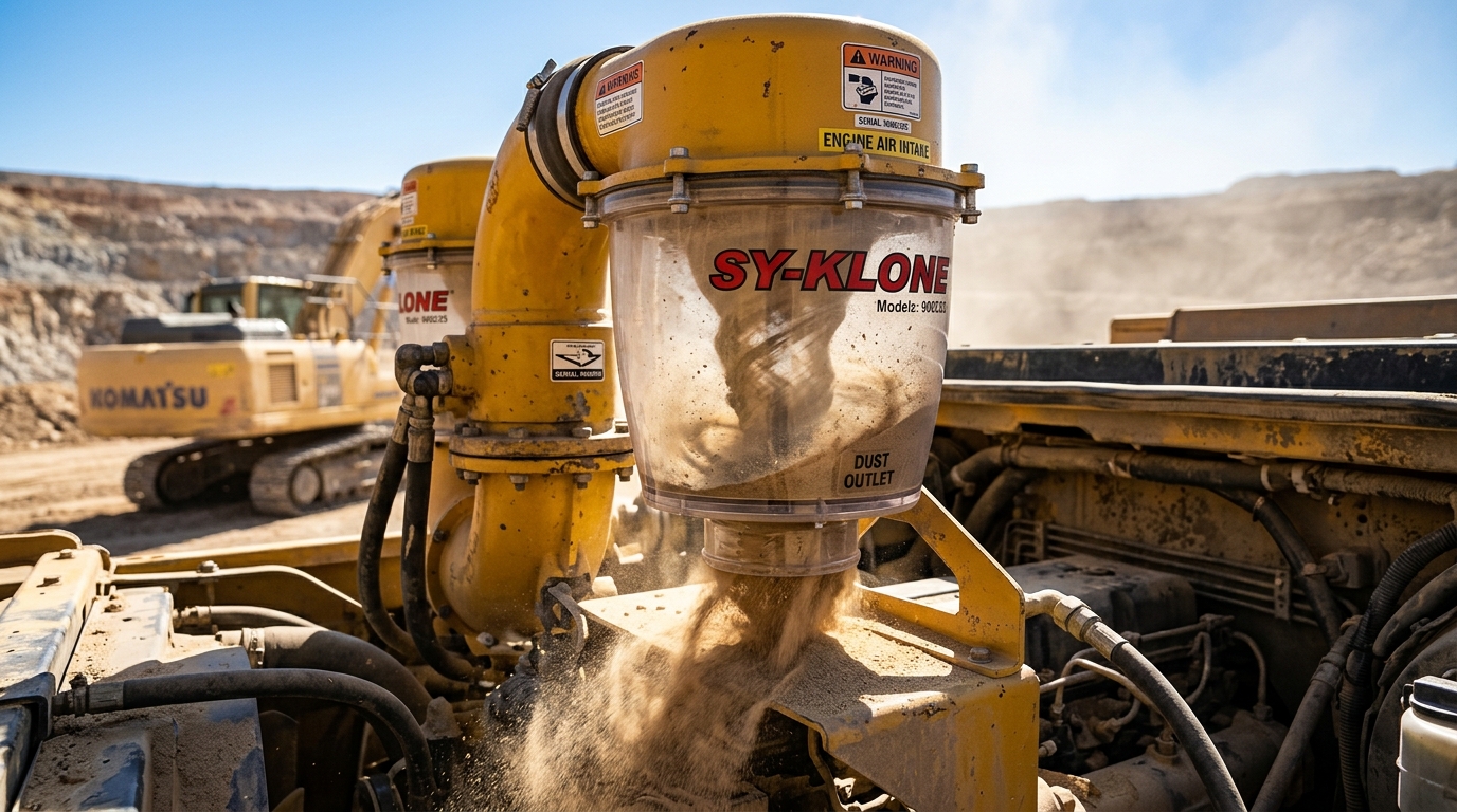 Multi-cyclone centrifugal engine air intake pre-cleaner separating silica dust before primary filter