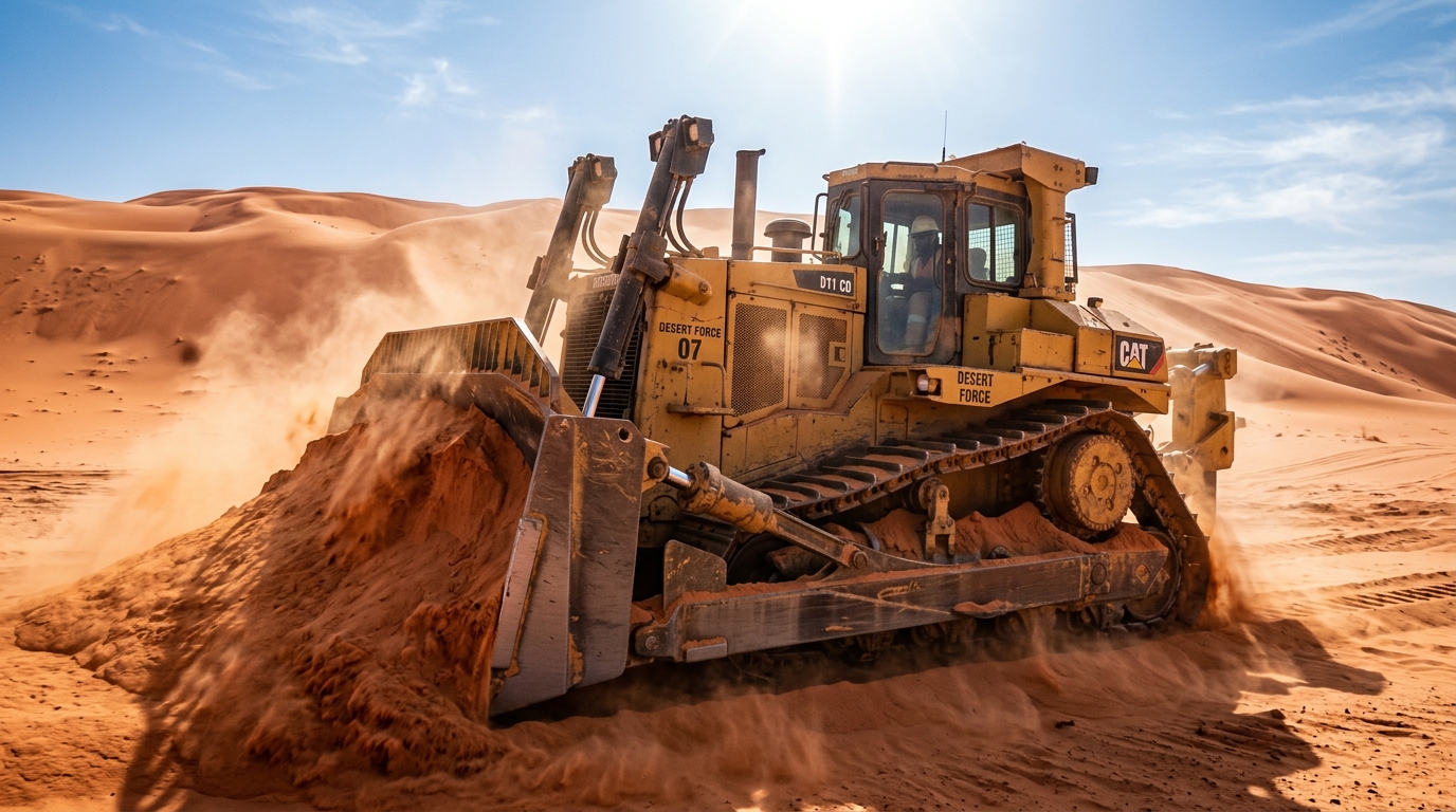Heavy earthmoving machinery working reliably under intense desert sun and swirling sand conditions
