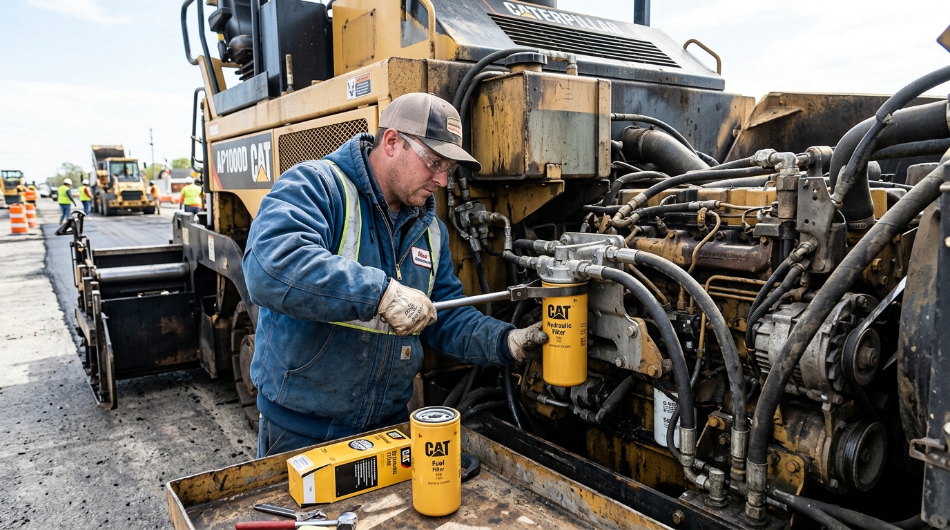 Scheduled maintenance checklist execution on heavy hydraulic excavator and paver systems
