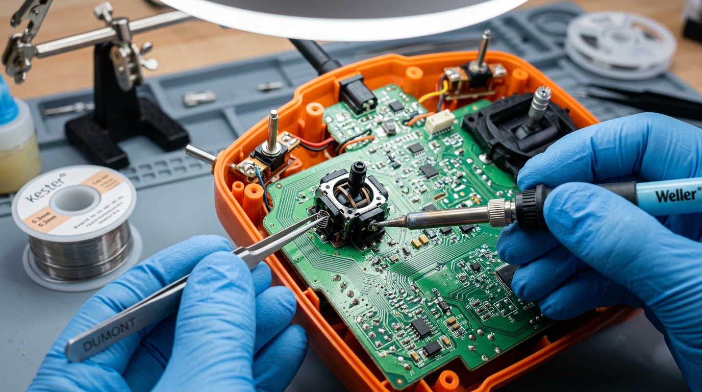 Precision soldering and joystick potentiometer replacement inside rugged industrial remote console