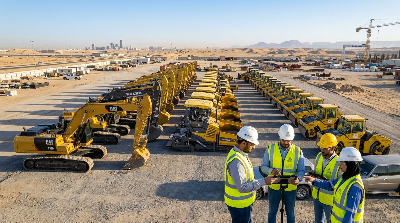 A Service Strategy Built Around Uptime - Heavy equipment fleet prepared on Saudi jobsite